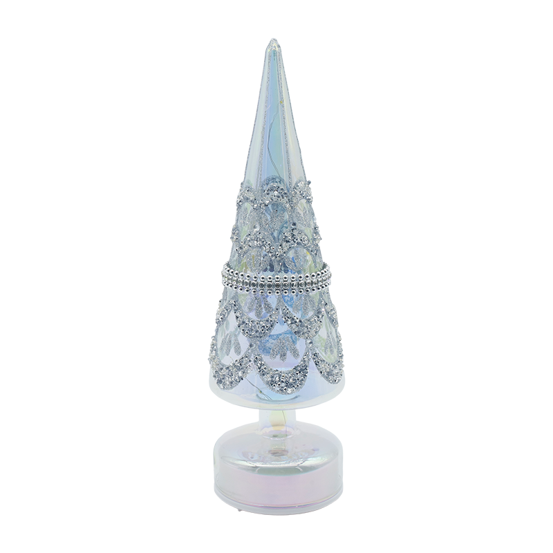 Arbre de Noël rotatif en verre de 10 × 30 cm avec lumières LED, décor festif irisé
