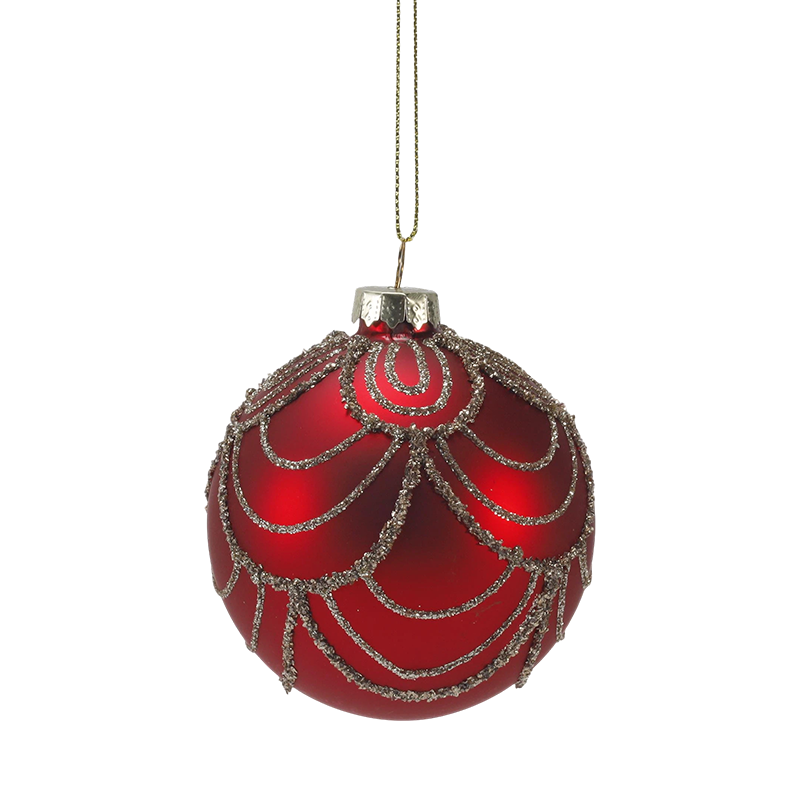 Boule de Noël en verre rouge mat de 8 cm avec tourbillons de paillettes dorées