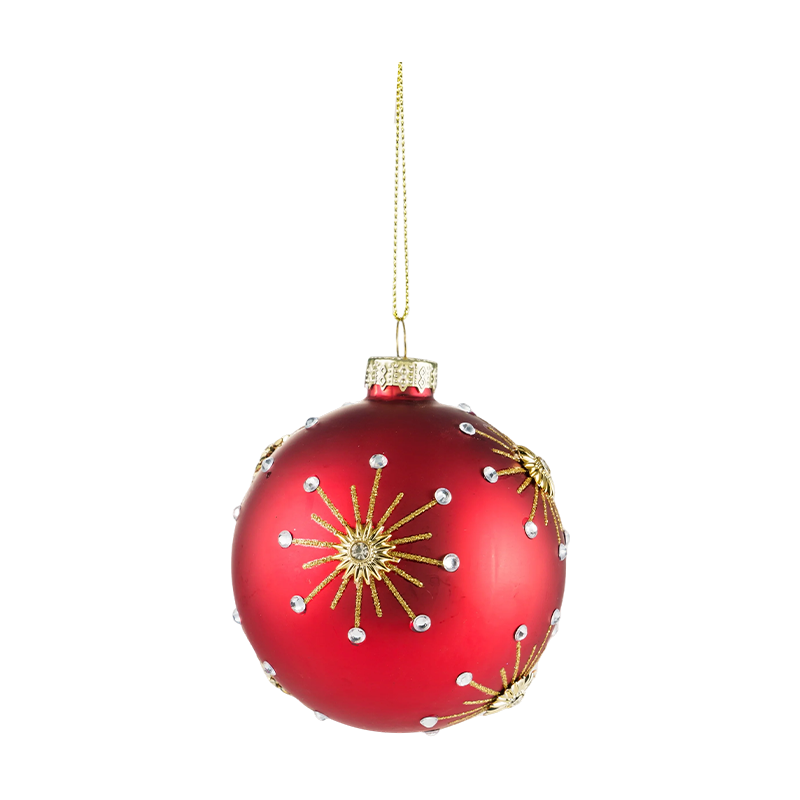 Boule de Noël en verre rouge mat de 8 cm avec tourbillons de paillettes dorées