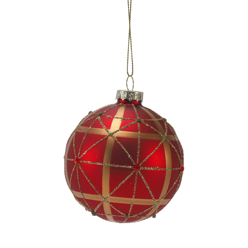 Boule de Noël en verre rouge mat de 8 cm avec tourbillons de paillettes dorées