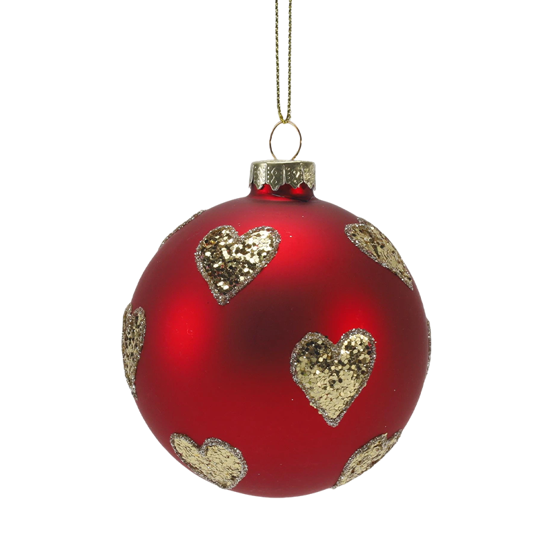 Boule de Noël en verre rouge mat de 8 cm avec tourbillons de paillettes dorées