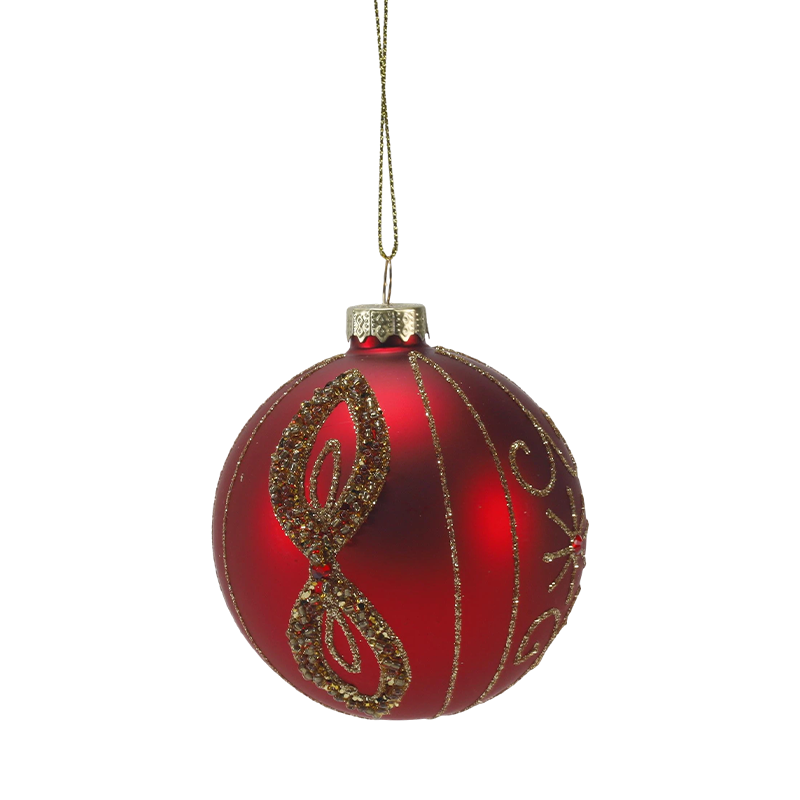 Boule de Noël en verre rouge mat de 8 cm avec tourbillons de paillettes dorées