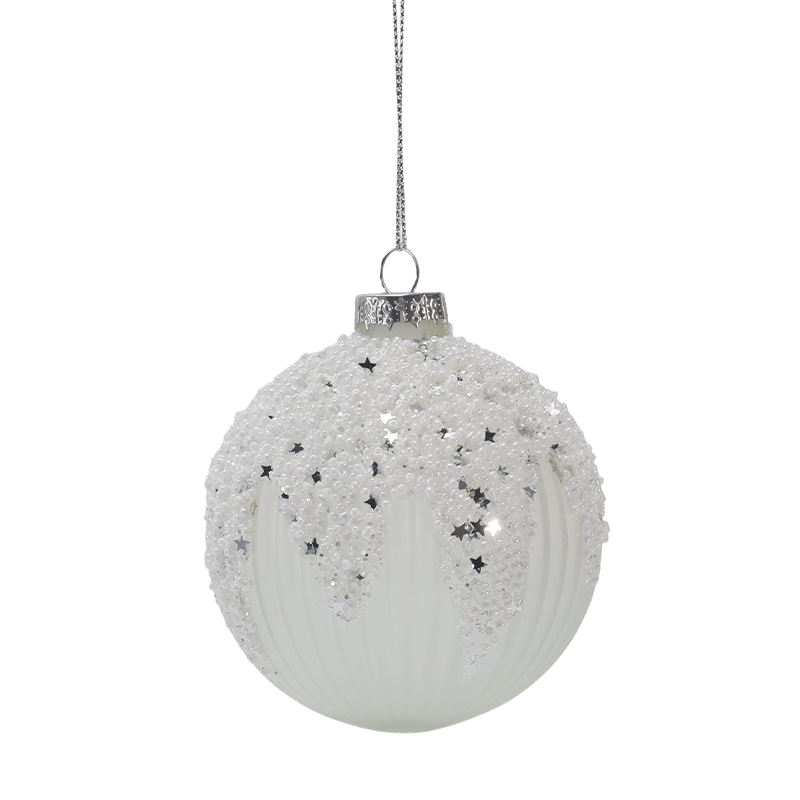 Ornement de boule de verre de Noël enneigé étoilé blanc et argenté de 8 cm (simple/lot de 3)