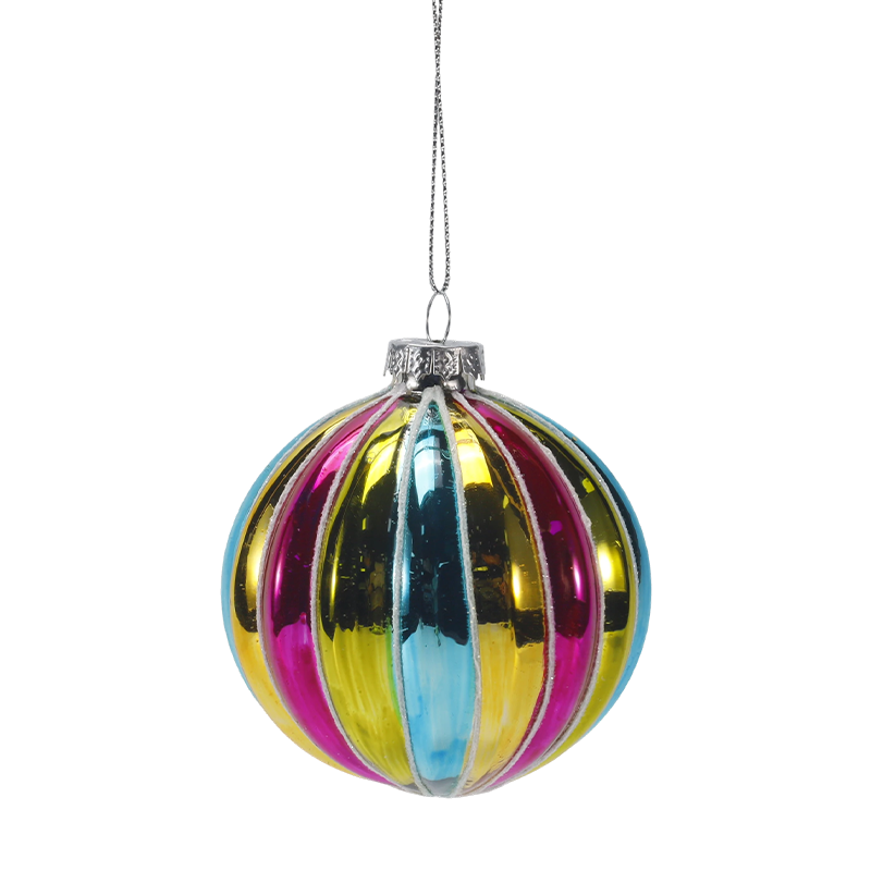 Ornement de boule de verre de Noël à rayures arc-en-ciel rétro de 8 cm (simple/lot de 4)