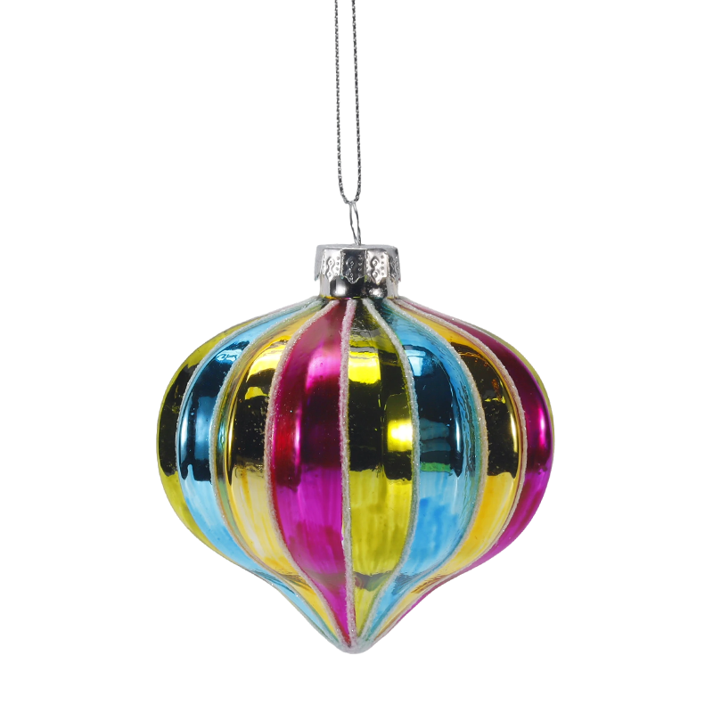 Ornement de boule de verre de Noël à rayures arc-en-ciel rétro de 8 cm (simple/lot de 4)