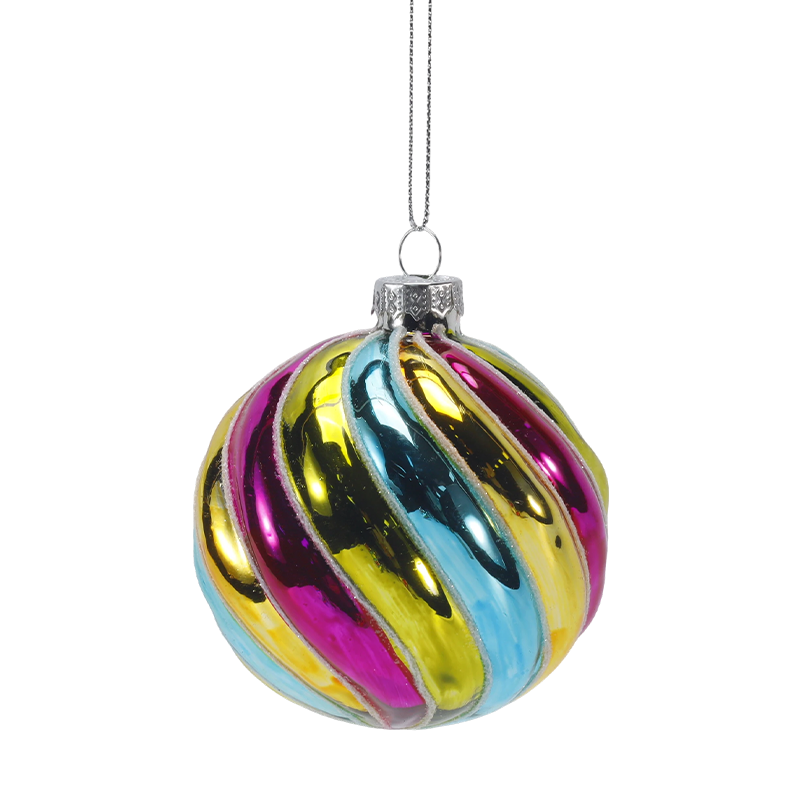 Ornement de boule de verre de Noël à rayures arc-en-ciel rétro de 8 cm (simple/lot de 4)