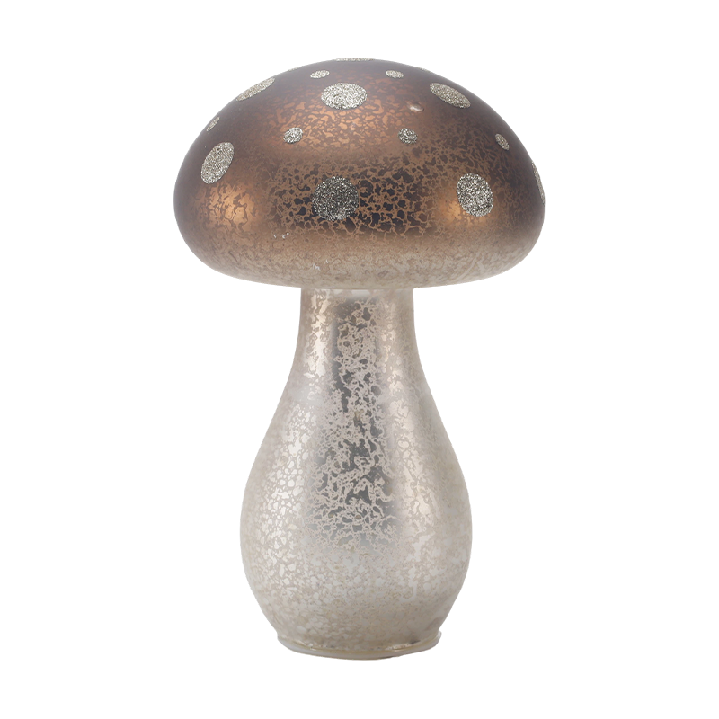 Verre givré brun fait à la main / Ornement de champignon en velours avec des taches de paillettes argentées avec décoration LED