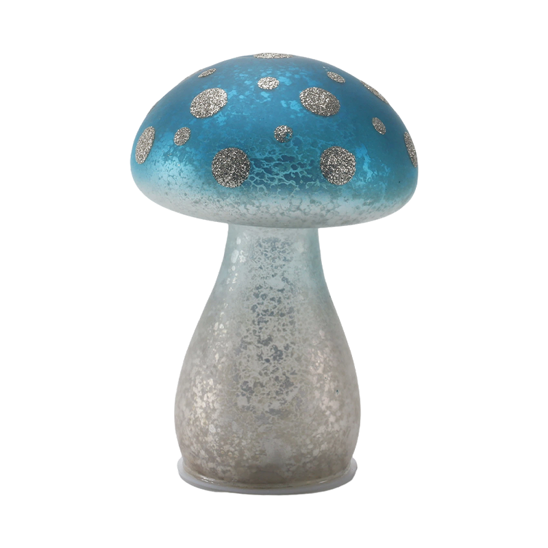 Ornement de champignon en verre dépoli bleu dégradé fait à la main avec des taches de paillettes argentées avec décoration LED