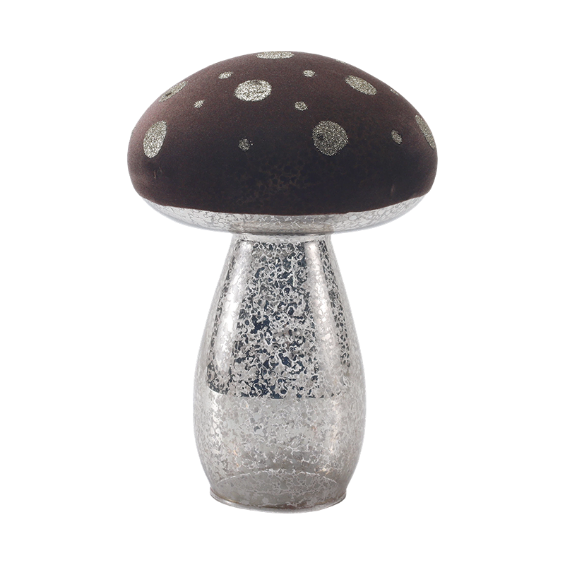 Verre givré brun fait à la main / Ornement de champignon en velours avec des taches de paillettes argentées avec décoration LED