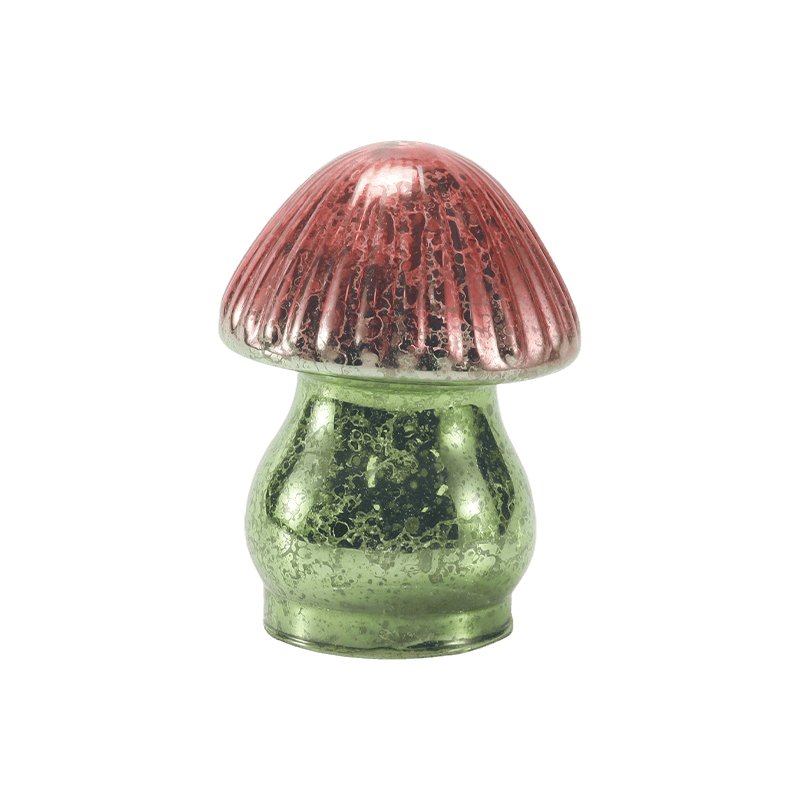 Ornement de champignon en verre de mercure nervuré dégradé rouge-vert fait à la main avec décoration LED