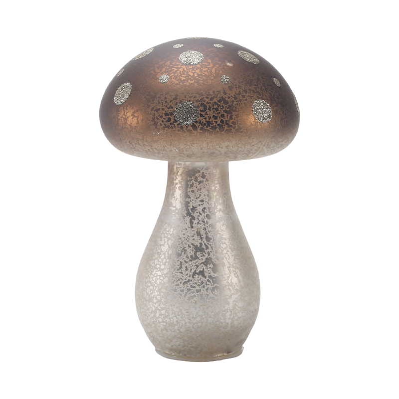 Verre givré brun fait à la main / Ornement de champignon en velours avec des taches de paillettes argentées avec décoration LED
