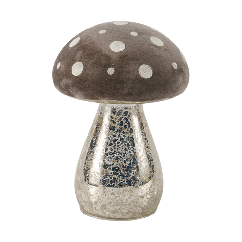 Verre givré brun fait à la main / Ornement de champignon en velours avec des taches de paillettes argentées avec décoration LED