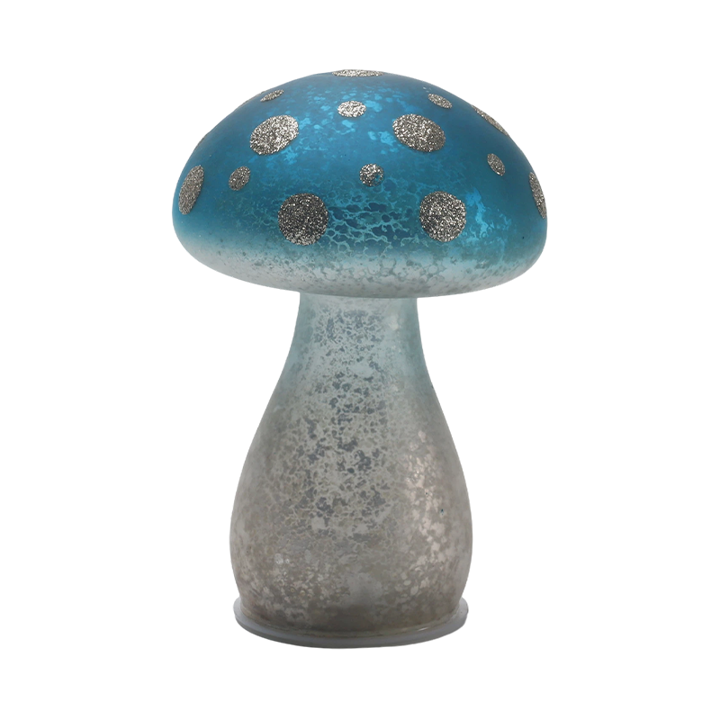 Ornement de champignon en verre dépoli bleu dégradé fait à la main avec des taches de paillettes argentées avec décoration LED