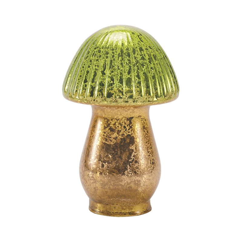 Ornement de champignon en verre de mercure nervuré dégradé vert-or fait à la main avec décoration LED