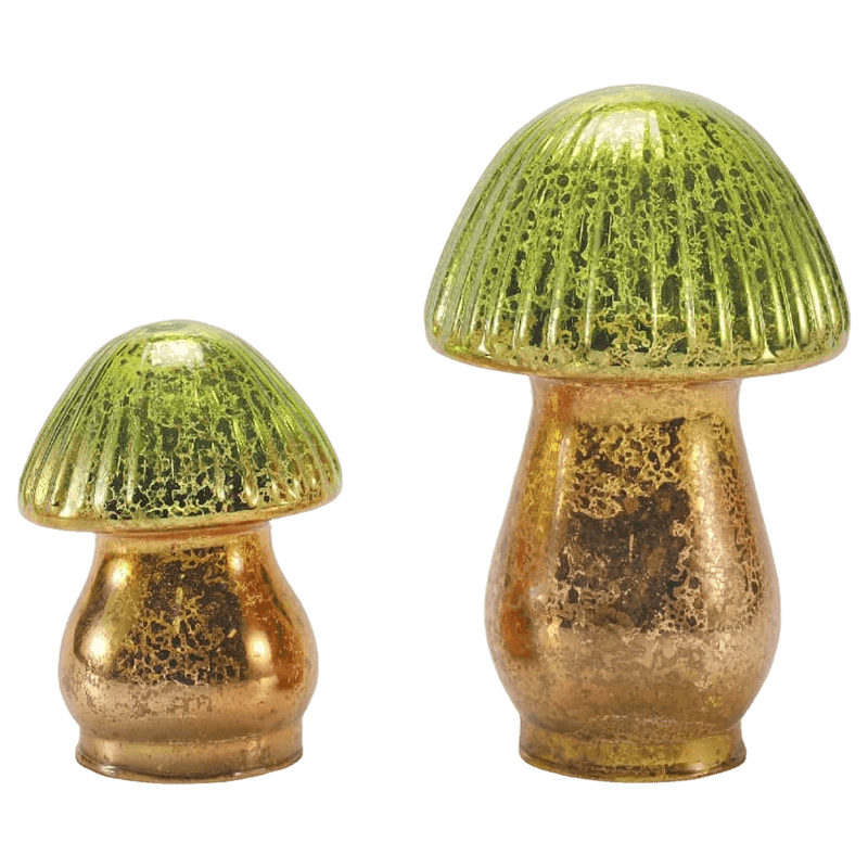 Ornement de champignon en verre de mercure nervuré dégradé vert-or fait à la main avec décoration LED