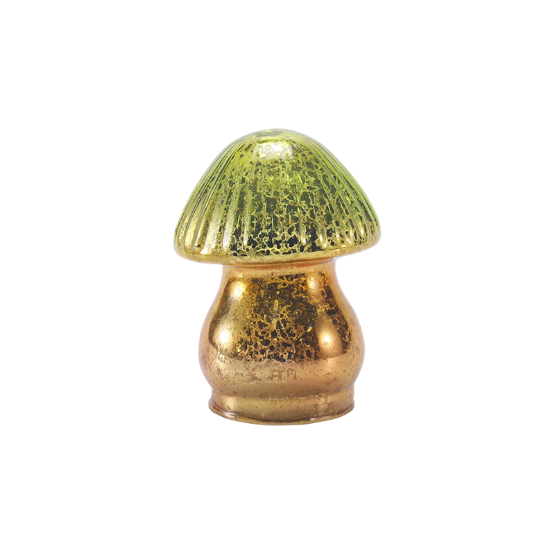 Ornement de champignon en verre de mercure nervuré dégradé vert-or fait à la main avec décoration LED