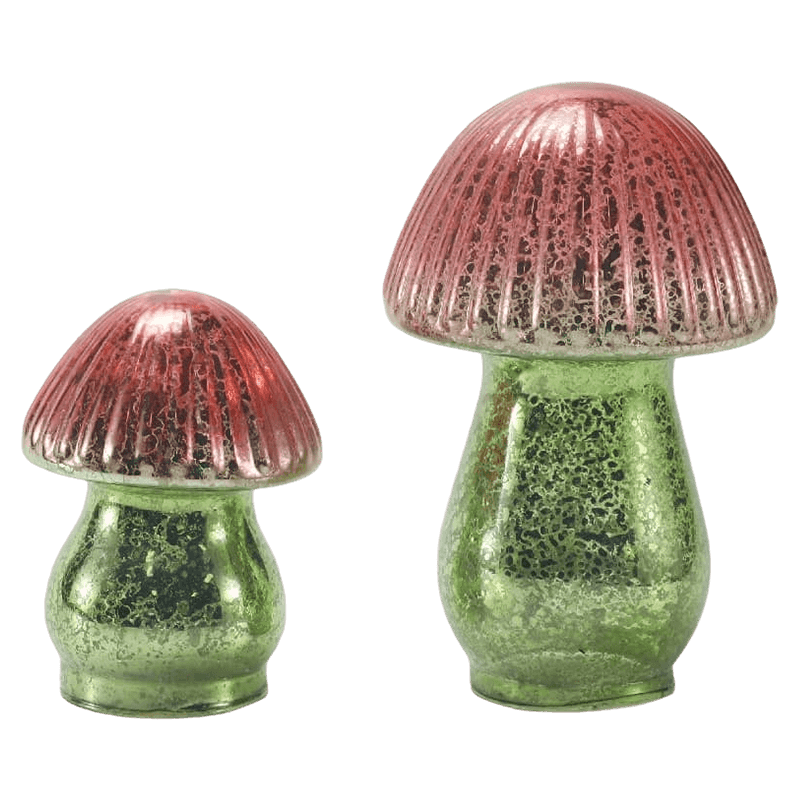 Ornement de champignon en verre de mercure nervuré dégradé rouge-vert fait à la main avec décoration LED