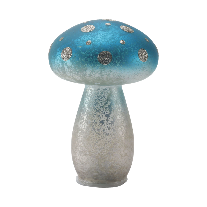 Ornement de champignon en verre dépoli bleu dégradé fait à la main avec des taches de paillettes argentées avec décoration LED