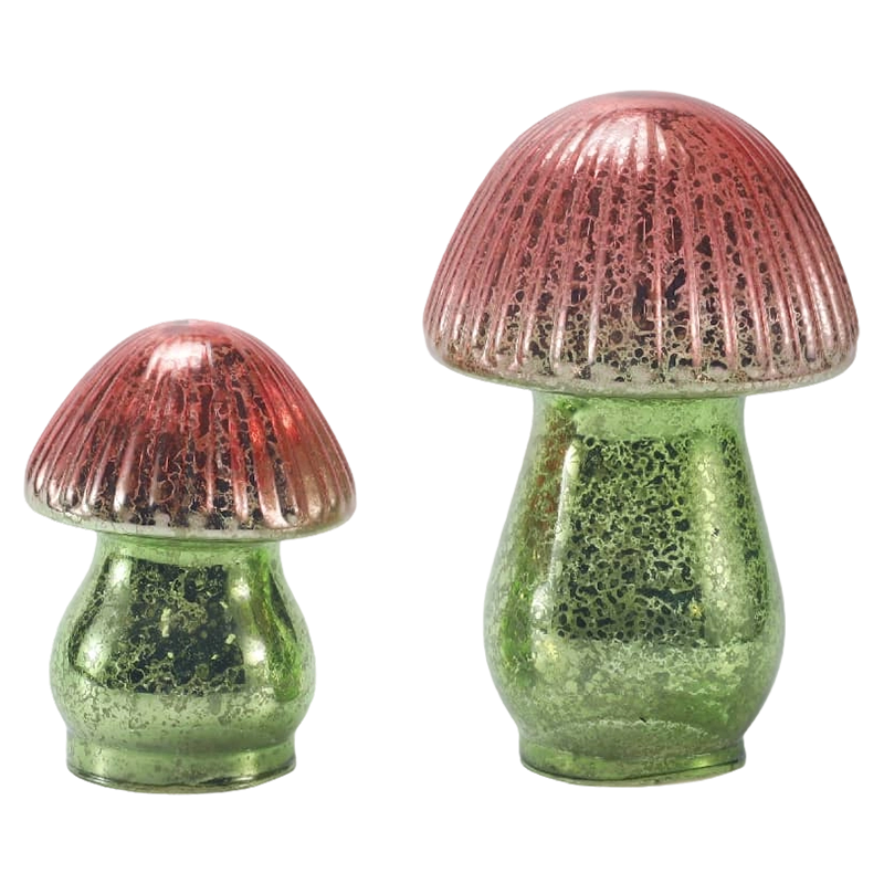 Ornement de champignon en verre de mercure nervuré dégradé rouge-vert fait à la main avec décoration LED
