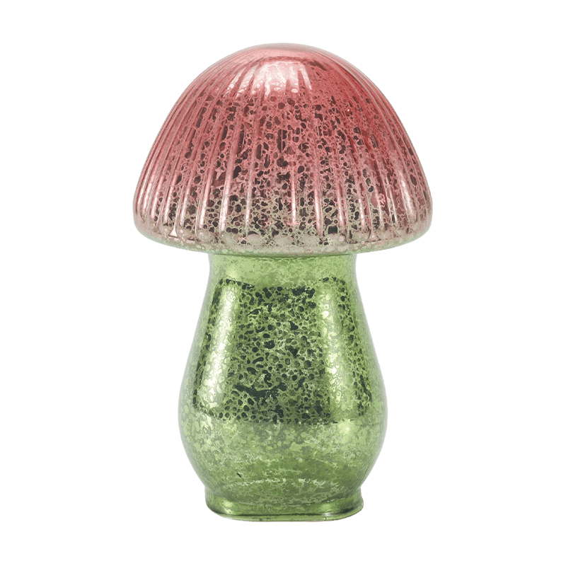 Ornement de champignon en verre de mercure nervuré dégradé rouge-vert fait à la main avec décoration LED