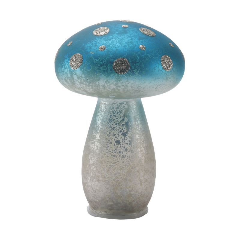 Ornement de champignon en verre dépoli bleu dégradé fait à la main avec des taches de paillettes argentées avec décoration LED