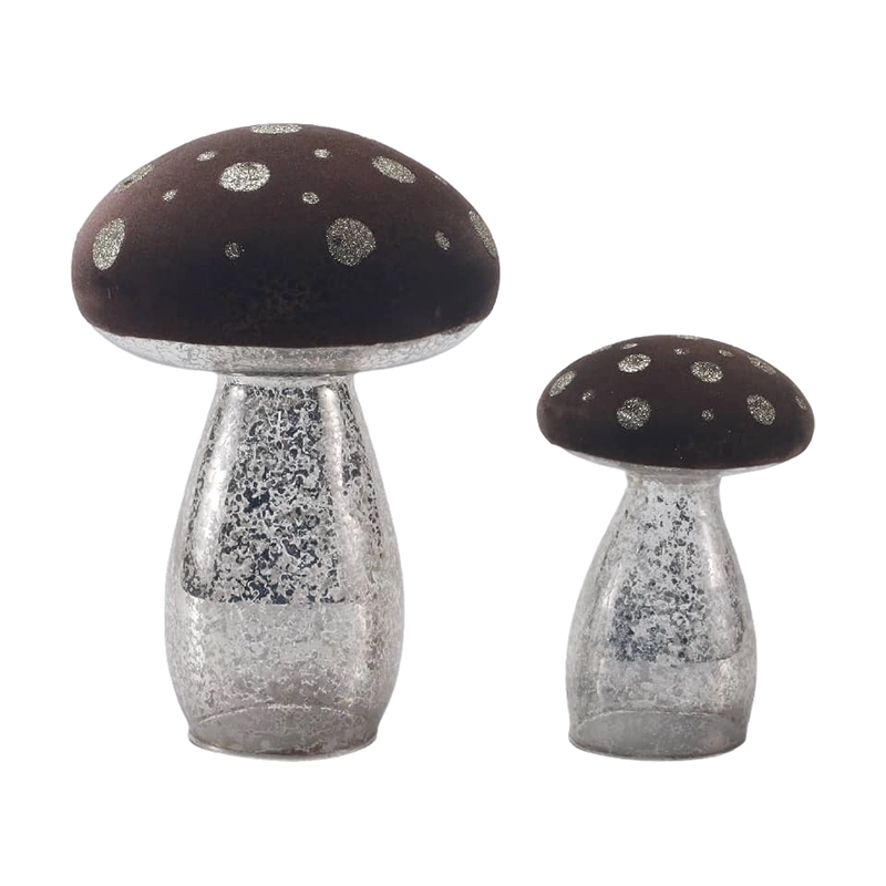 Verre givré brun fait à la main / Ornement de champignon en velours avec des taches de paillettes argentées avec décoration LED