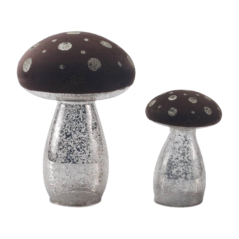 Verre givré brun fait à la main / Ornement de champignon en velours avec des taches de paillettes argentées avec décoration LED
