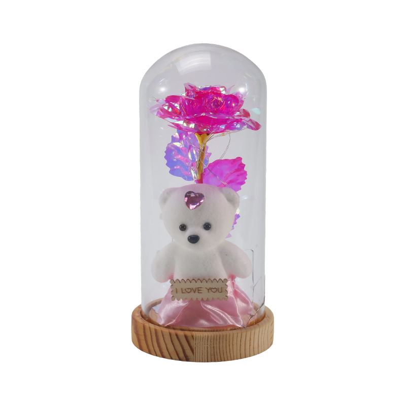 Cloche lumineuse en verre Galaxy Rose (avec/sans ours en peluche, plusieurs couleurs)