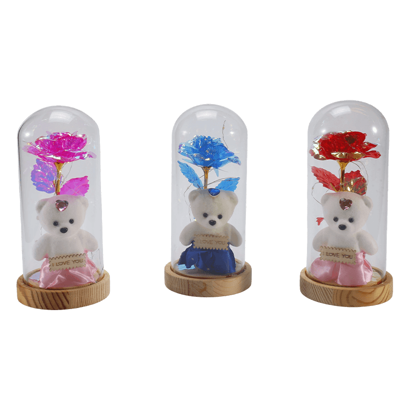 Cloche lumineuse en verre Galaxy Rose (avec/sans ours en peluche, plusieurs couleurs)