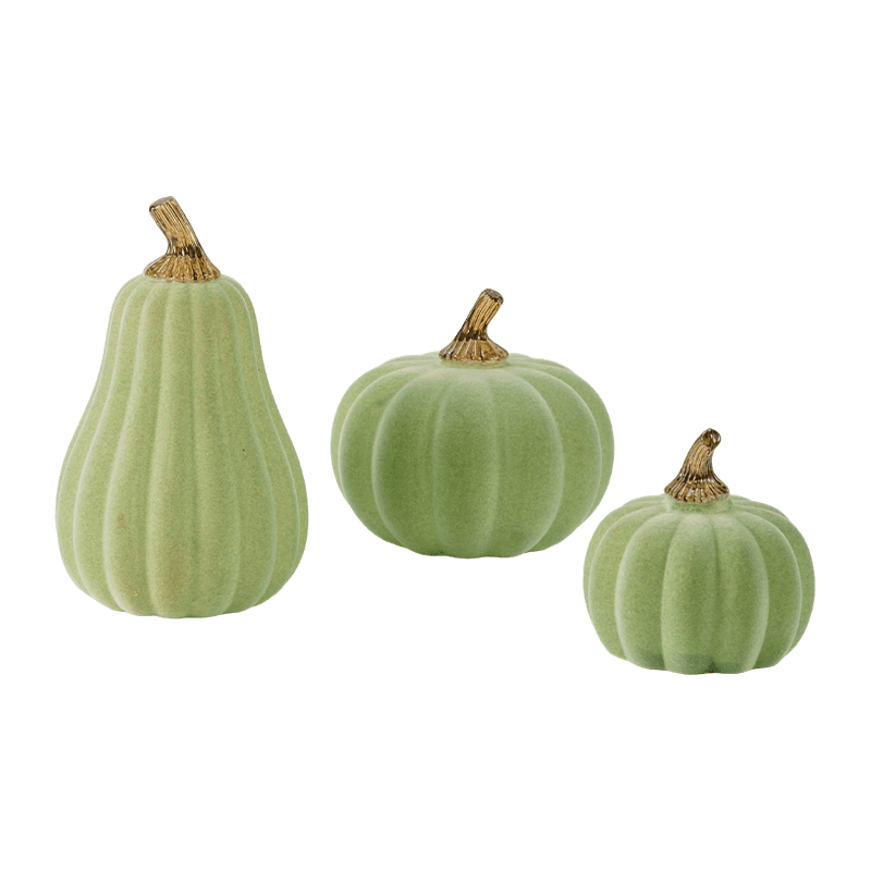 Ensemble de citrouilles décoratives en velours/floqué multi-tailles avec tige en verre