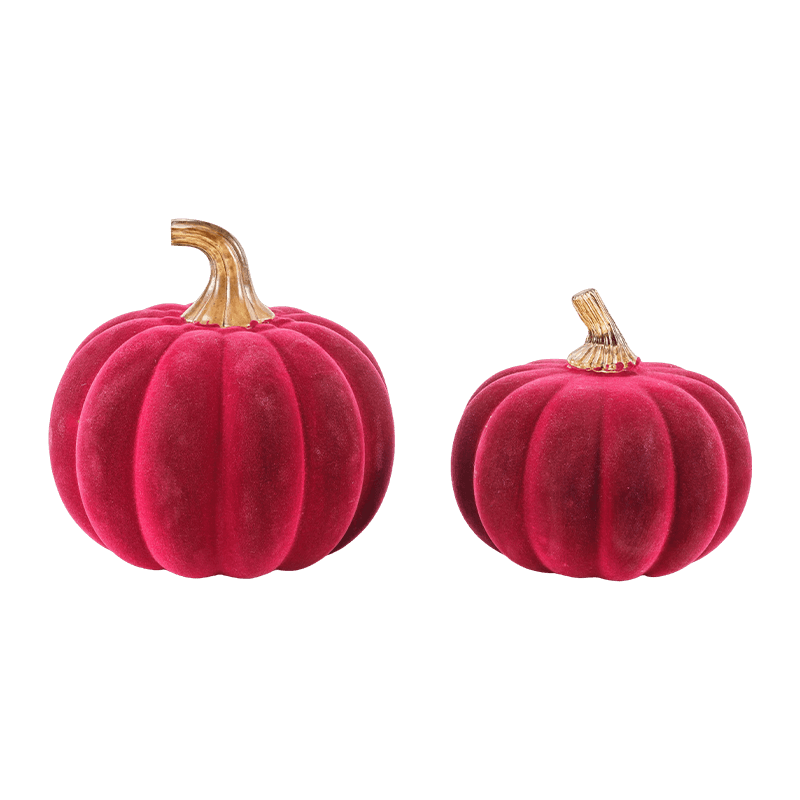 Ensemble de citrouilles décoratives en velours/floqué multi-tailles avec tige en verre