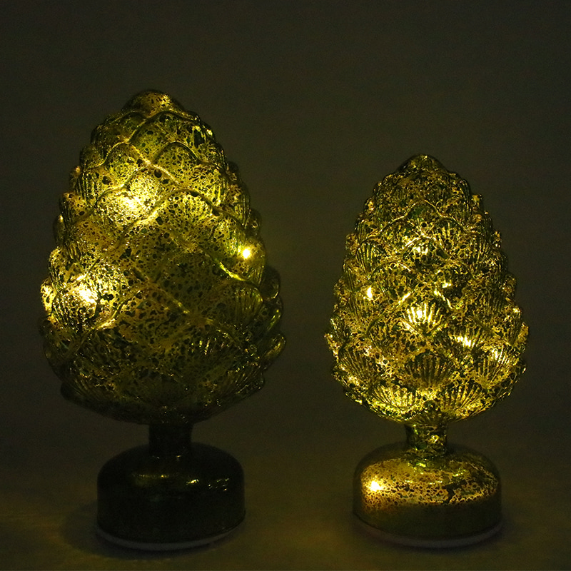Décoration de table LED en verre rotatif de Noël en forme de pomme de pin 15 × 28 cm et 11 × 22 cm