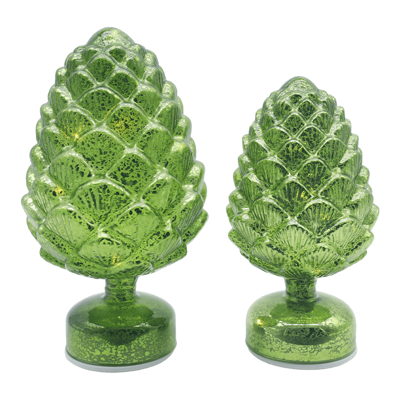 Décoration de table LED en verre rotatif de Noël en forme de pomme de pin 15 × 28 cm et 11 × 22 cm