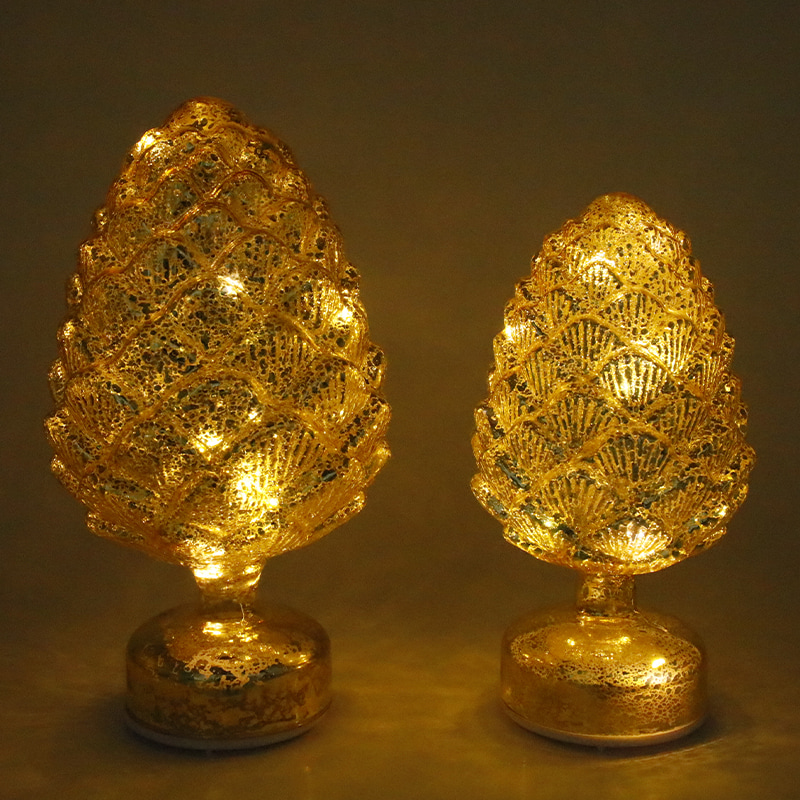 Décoration de table LED en verre rotatif de Noël en forme de pomme de pin 15 × 28 cm et 11 × 22 cm